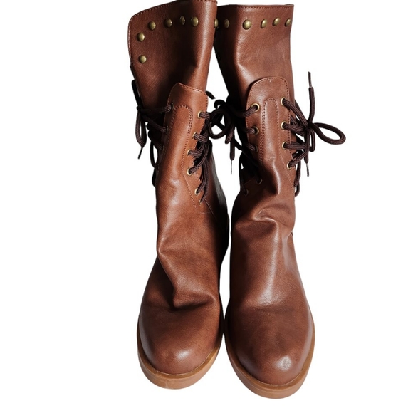 Women Brown Tan Leather Strappy Tie Back Zipper Studded Winter Boot/CN 38/US 7 - Picture 3 of 16